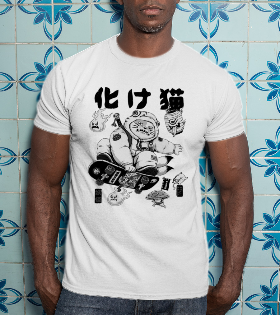 Bakeneko Gang Skateboarding Cat Demon Kanji T-Shirt