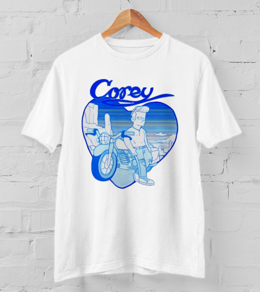 Corey Simpson Motorcycle In Heart Retro Cartoon Style With Blue Desert T-Shirt