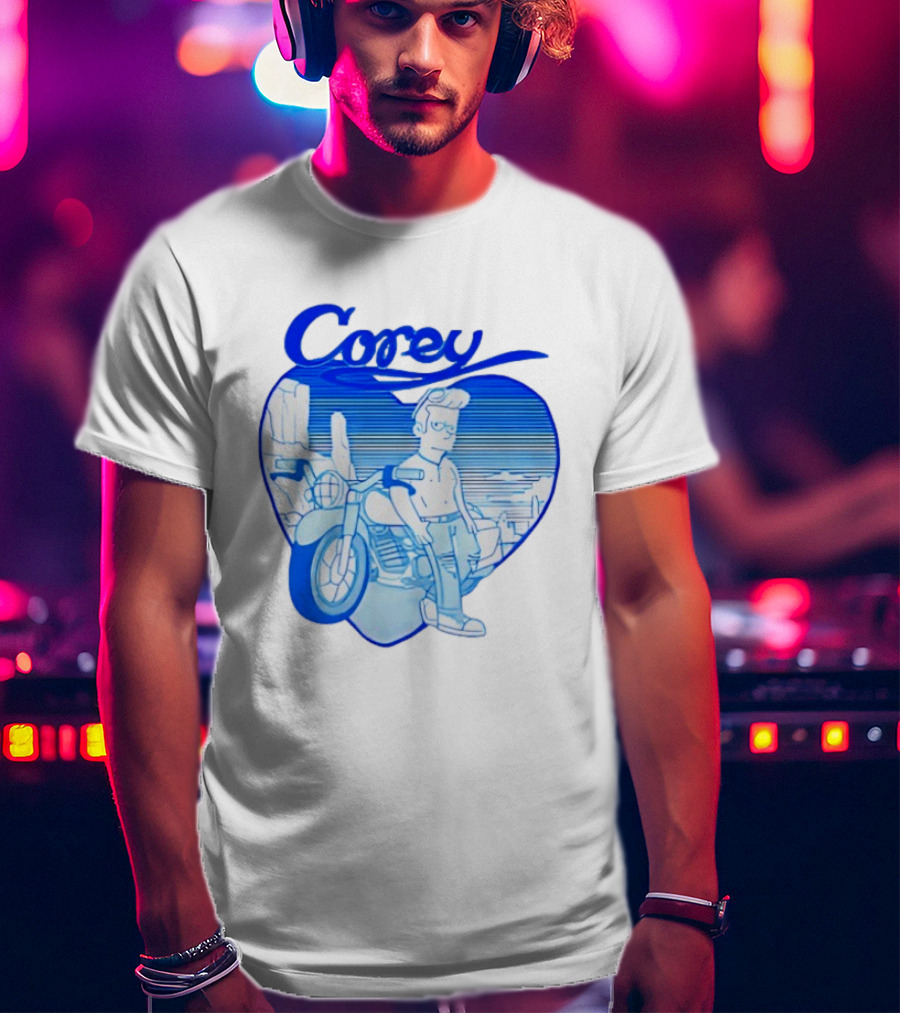 Corey Simpson Motorcycle In Heart Retro Cartoon Style With Blue Desert T-Shirt