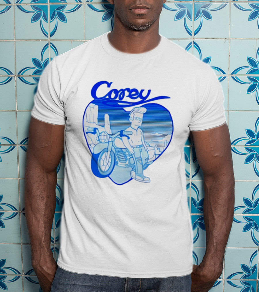 Corey Simpson Motorcycle In Heart Retro Cartoon Style With Blue Desert T-Shirt