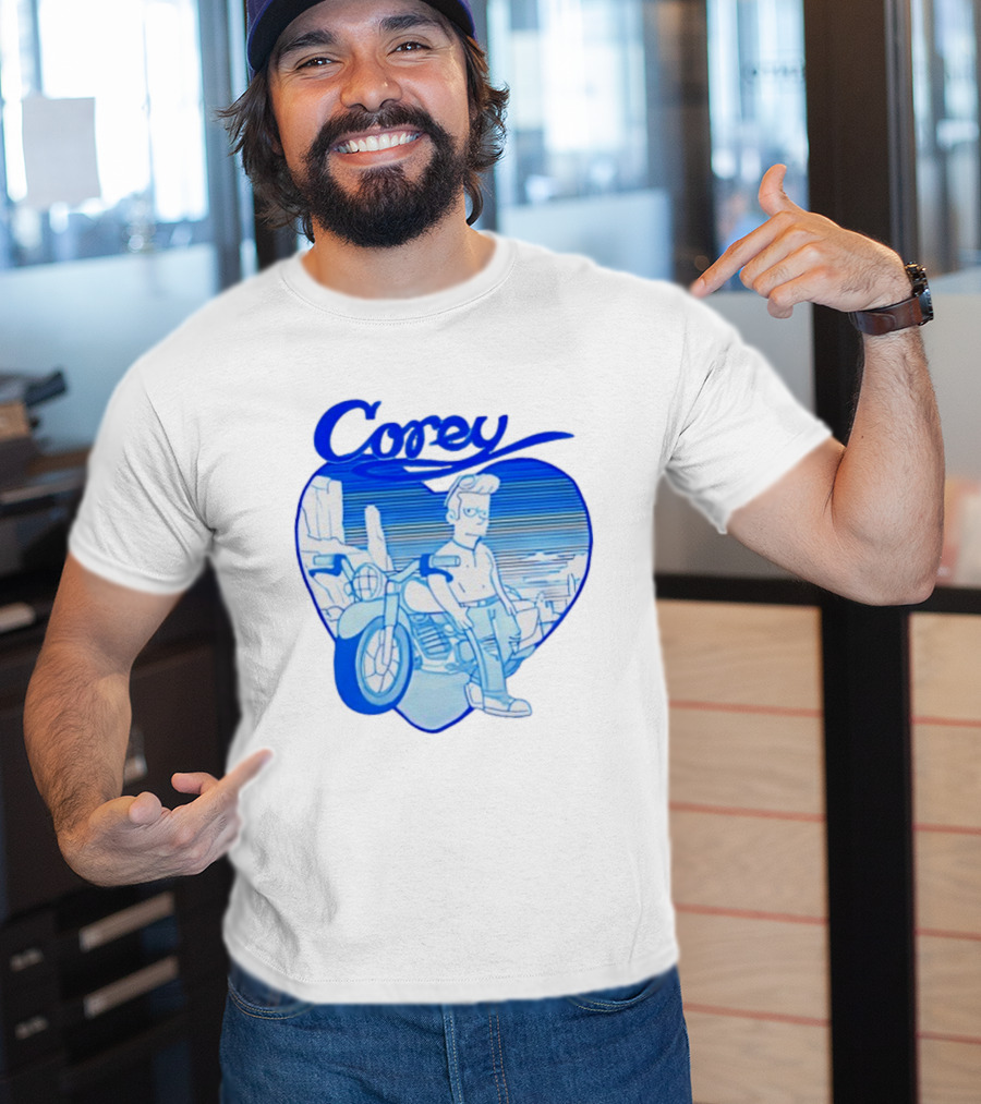 Corey Simpson Motorcycle In Heart Retro Cartoon Style With Blue Desert T-Shirt
