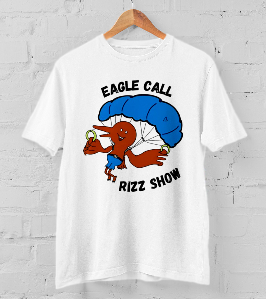 Eagle Call Rizz Show Parachuting Bird Character With Blue Canopy T-Shirt