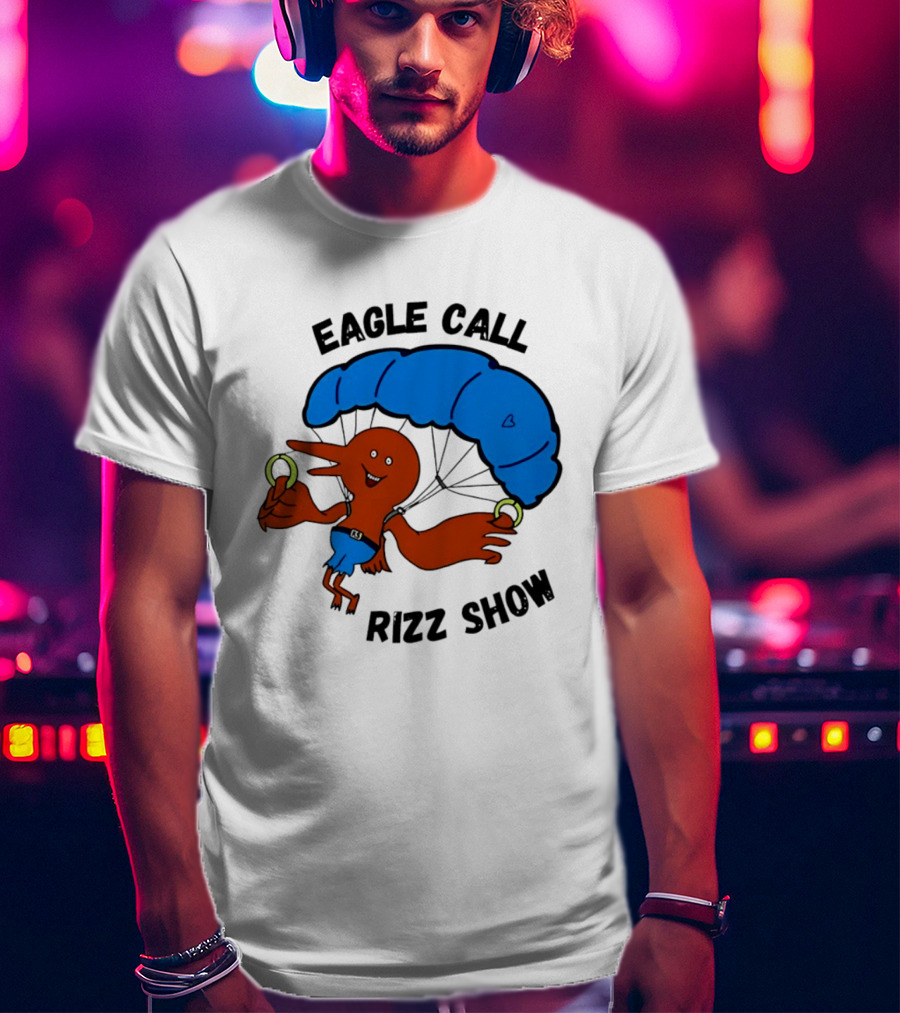 Eagle Call Rizz Show Parachuting Bird Character With Blue Canopy T-Shirt