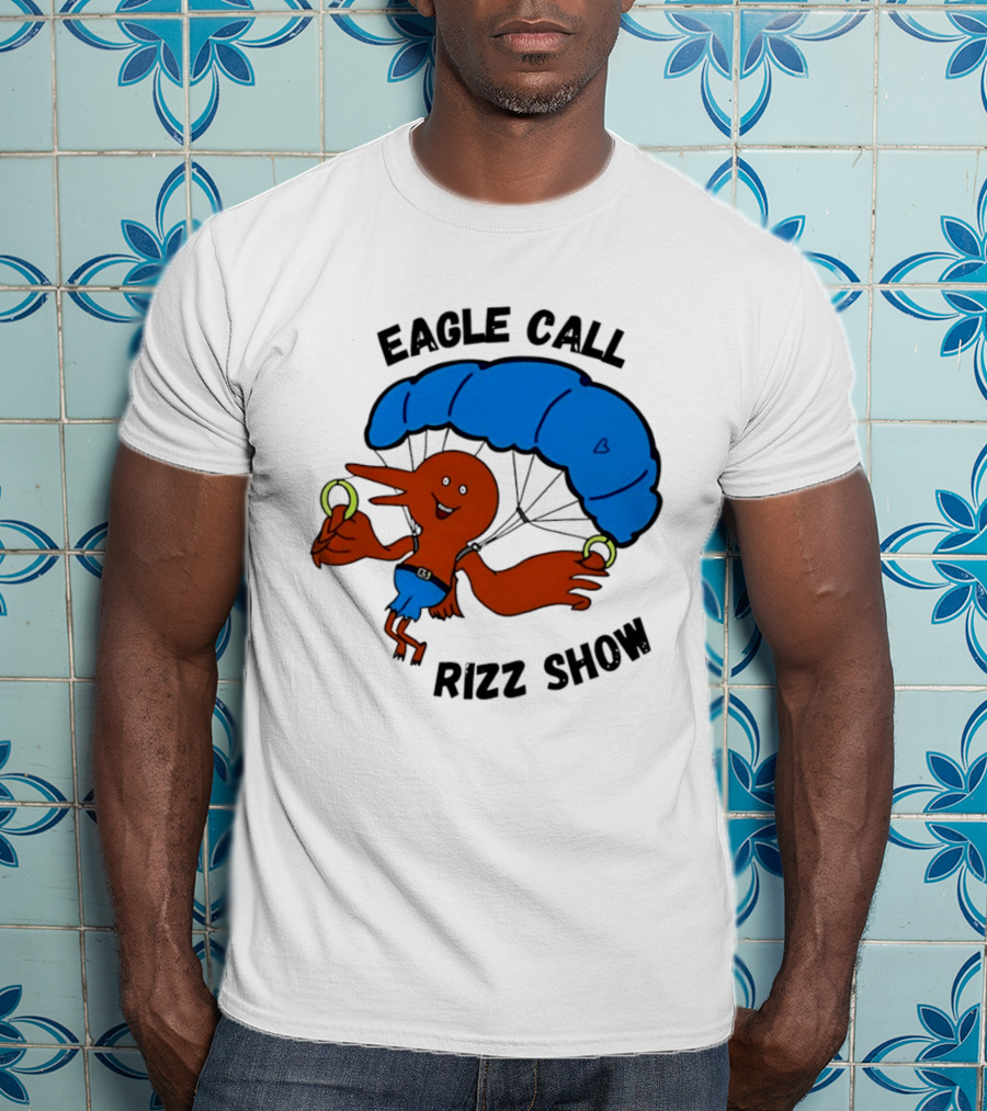 Eagle Call Rizz Show Parachuting Bird Character With Blue Canopy T-Shirt