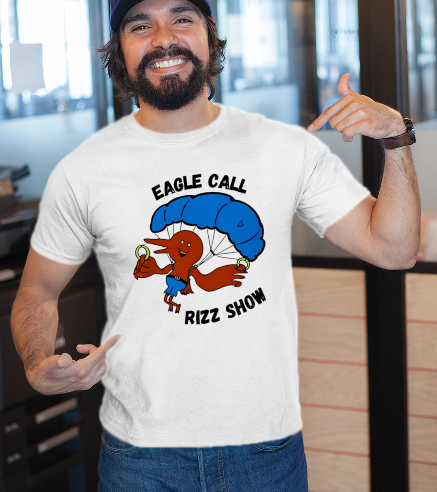 Eagle Call Rizz Show Parachuting Bird Character With Blue Canopy T-Shirt