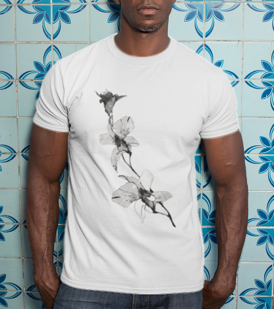 Orchid Flower Botanical Illustration Monochrome Blossom Print T-Shirt