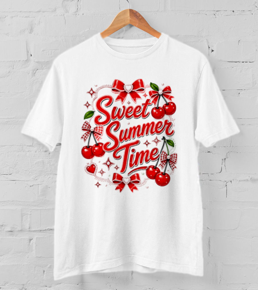 Sweet Summer Time Cherry Pearl Ribbon Hearts Bows T-Shirt