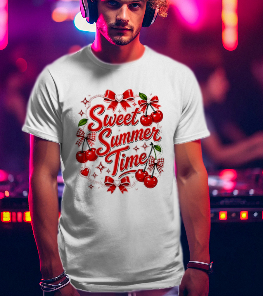 Sweet Summer Time Cherry Pearl Ribbon Hearts Bows T-Shirt