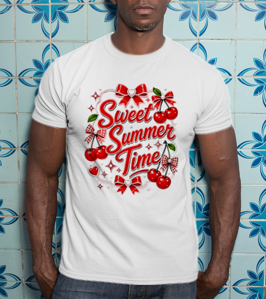 Sweet Summer Time Cherry Pearl Ribbon Hearts Bows T-Shirt