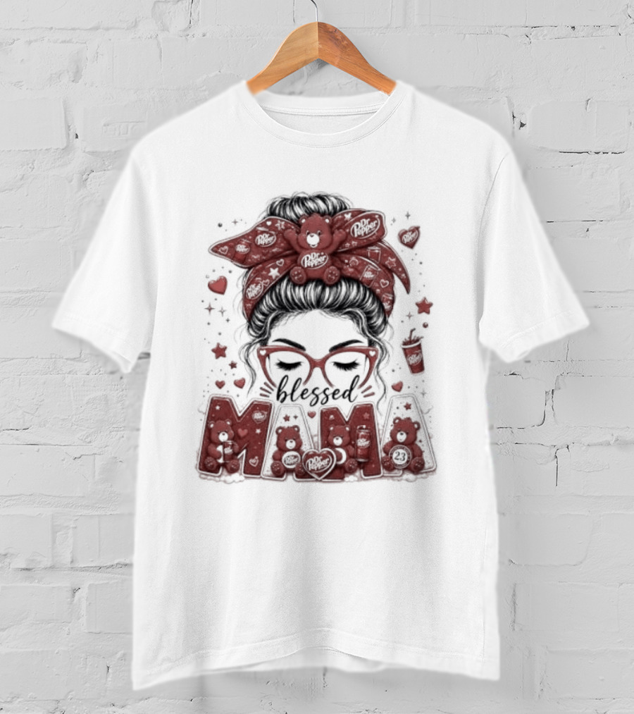 Messy Bun Dr Pepper Blessed Mama Glasses And Bandana T-Shirt