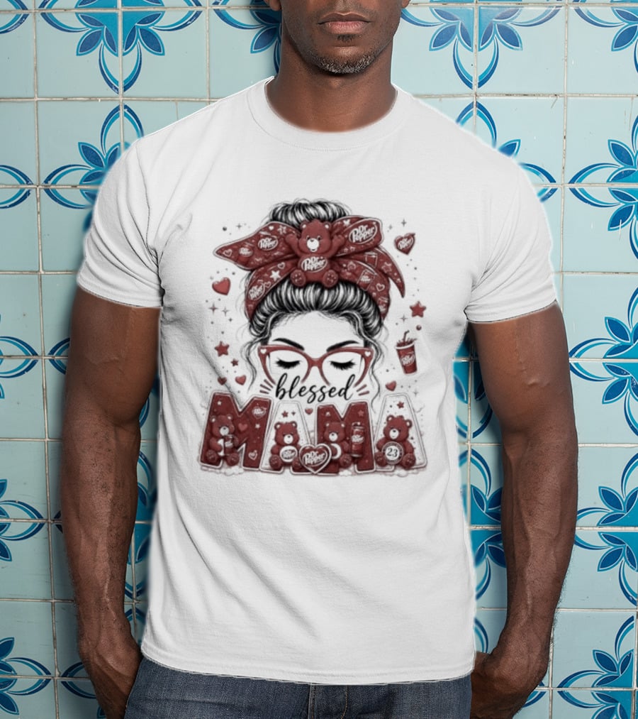 Messy Bun Dr Pepper Blessed Mama Glasses And Bandana T-Shirt
