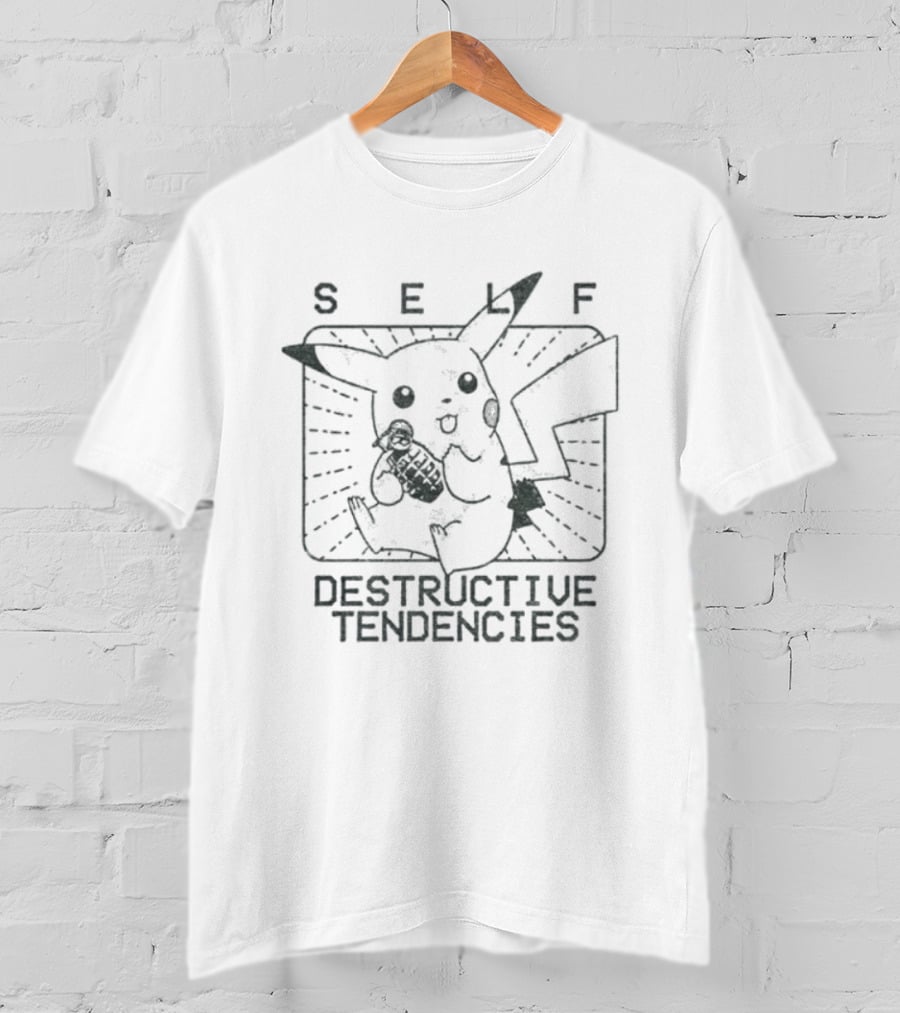Pikachu Self Destructive Tendencies Featuring Iconic Electric Mouse Image T-Shirt