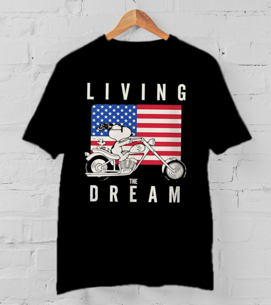 Living The Dream Snoopy Woodstock Motorcycle American Flag Peanuts T-Shirt