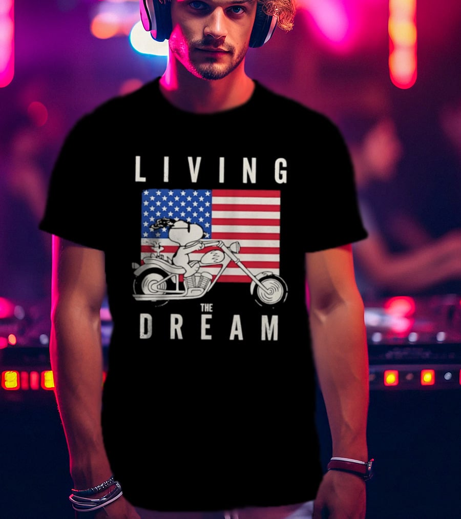 Living The Dream Snoopy Woodstock Motorcycle American Flag Peanuts T-Shirt