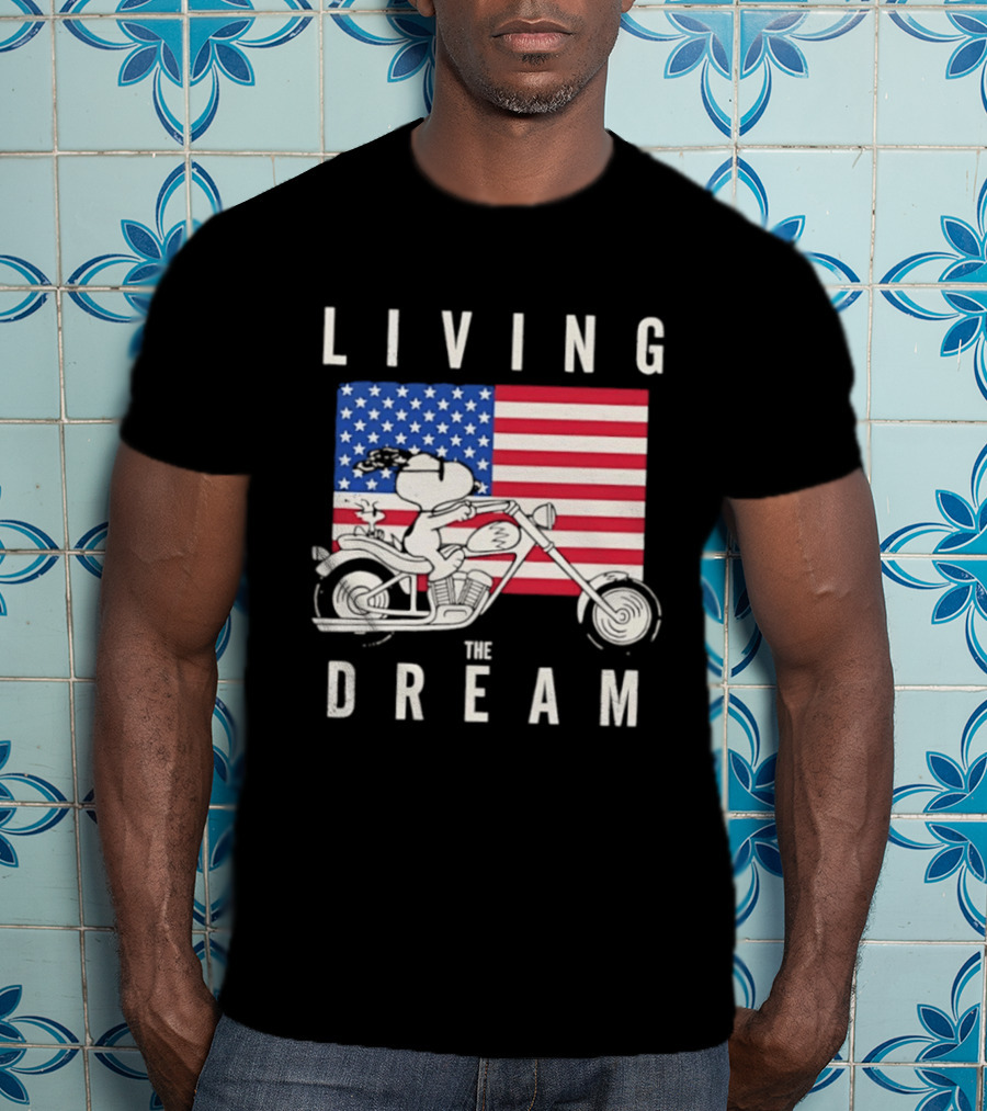 Living The Dream Snoopy Woodstock Motorcycle American Flag Peanuts T-Shirt