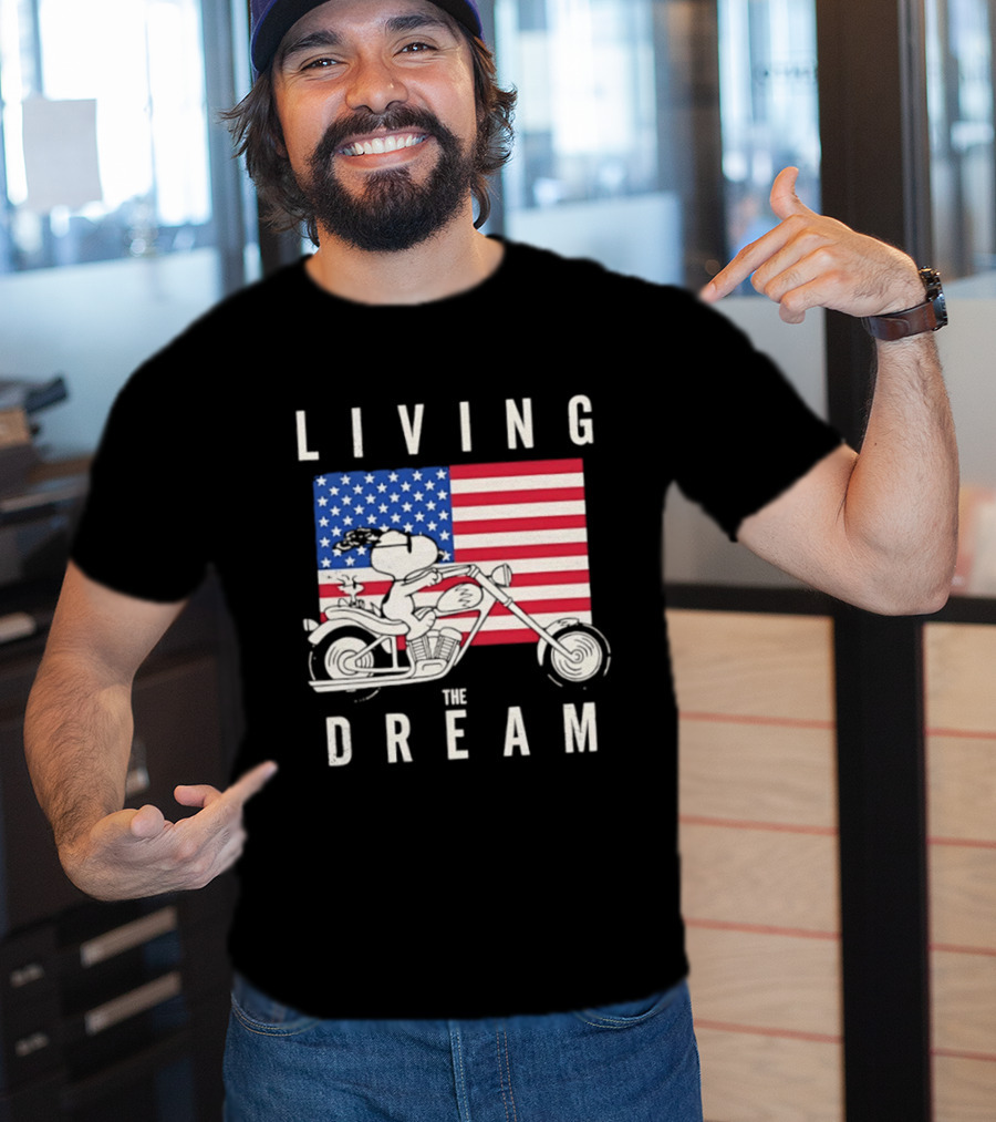 Living The Dream Snoopy Woodstock Motorcycle American Flag Peanuts T-Shirt