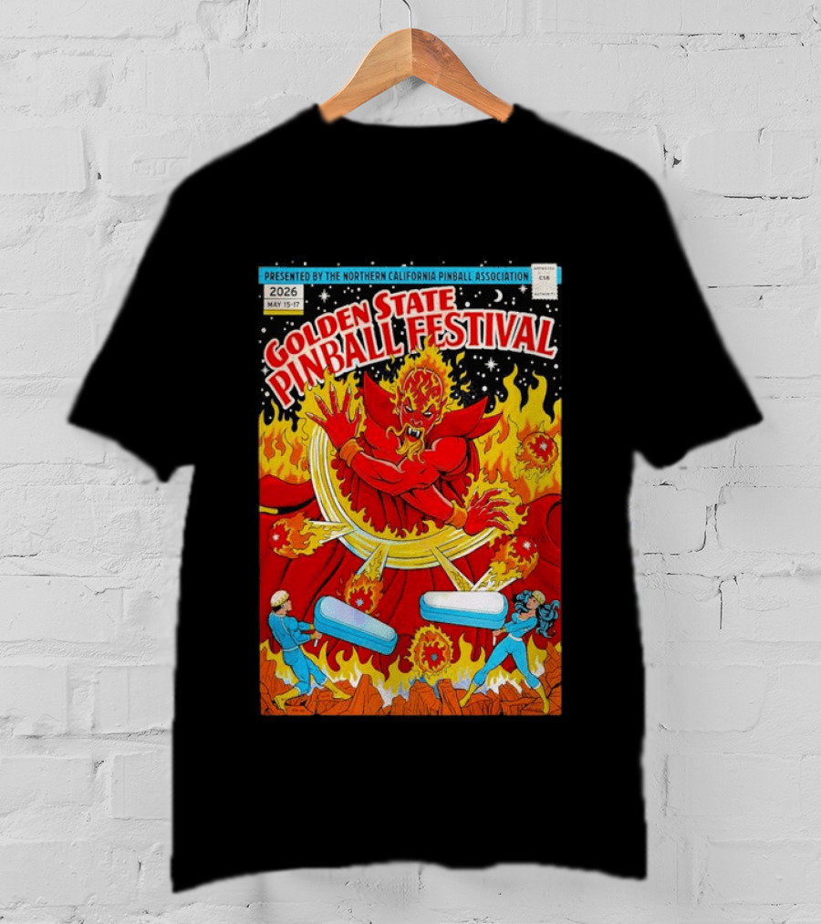Golden State Pinball Festival Northern California May 2026 Fire Demon Battle T-Shirt