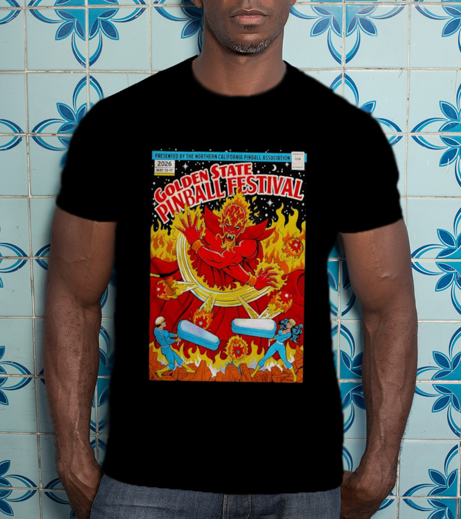 Golden State Pinball Festival Northern California May 2026 Fire Demon Battle T-Shirt