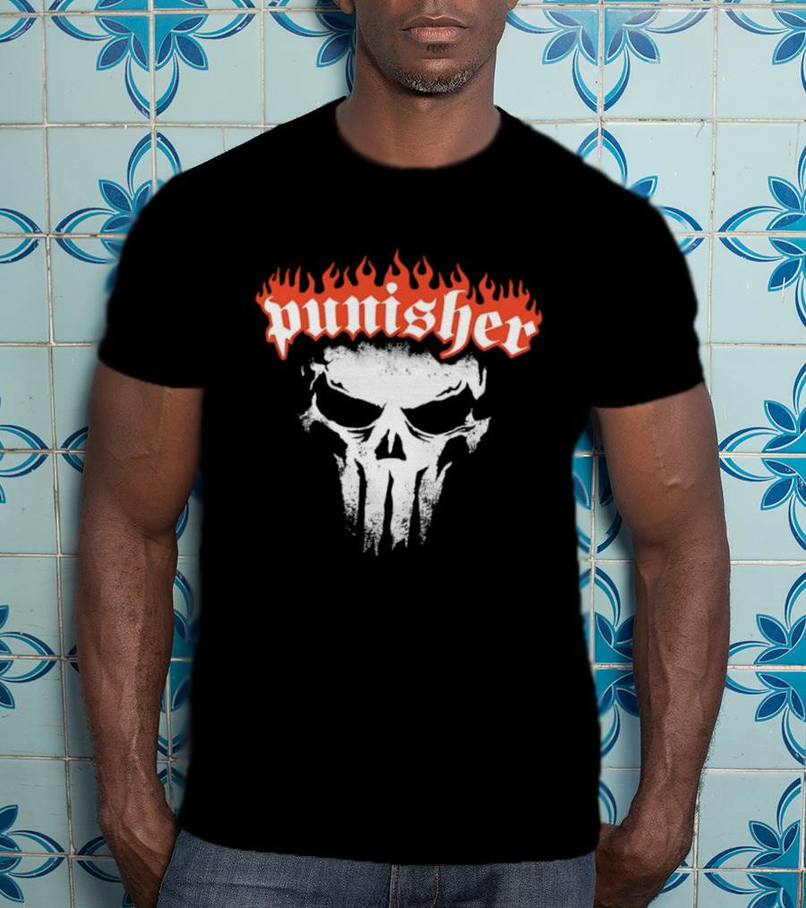 Punisher Skull Flame Graphic With Fiery T-Shirt