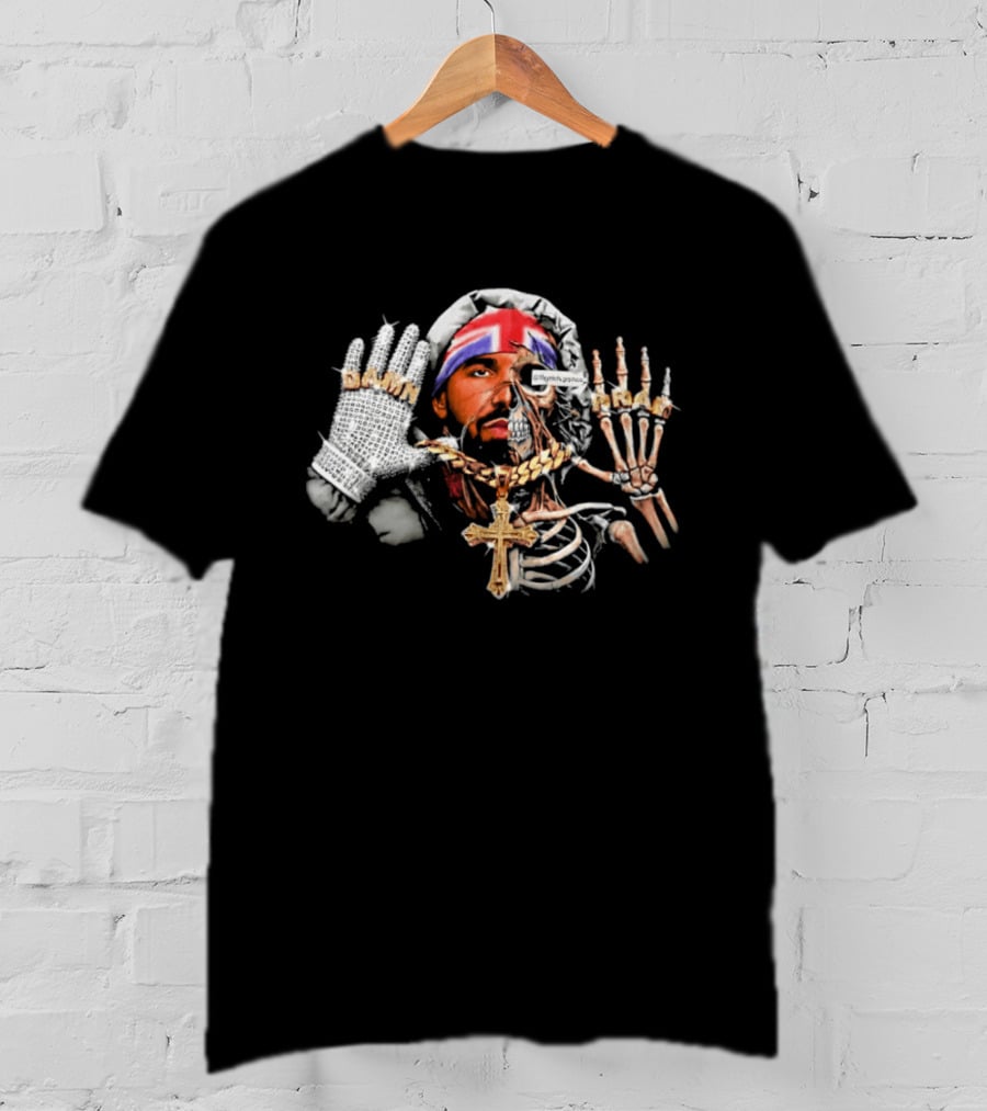 Damn Pray Skeleton Half Face Union Jack Diamond Glove Cross Necklace T-Shirt