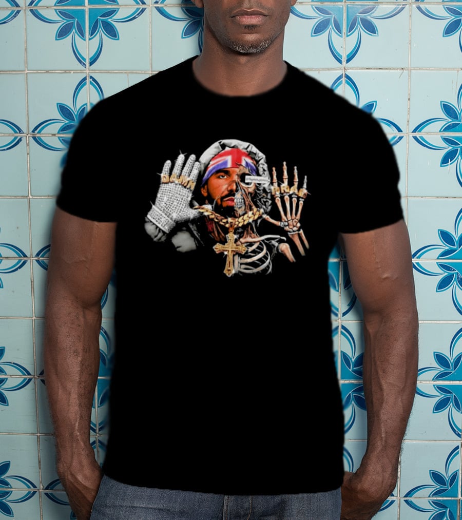 Damn Pray Skeleton Half Face Union Jack Diamond Glove Cross Necklace T-Shirt