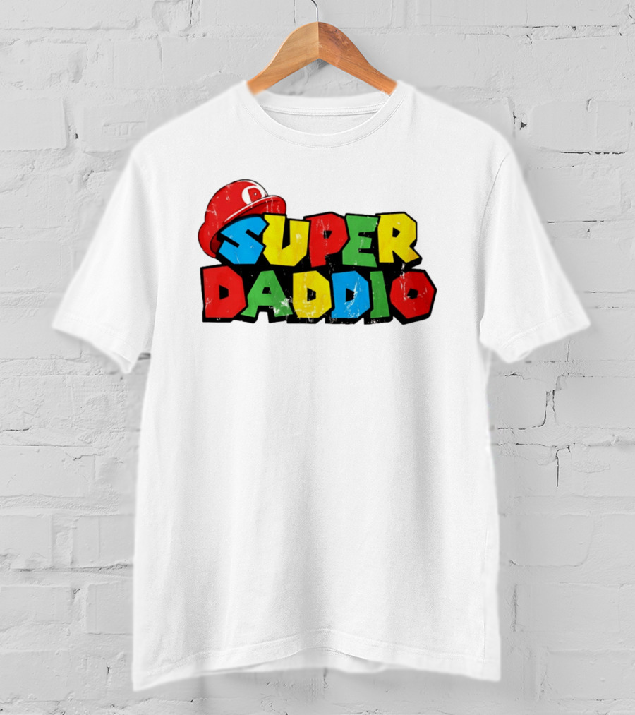 Super Daddio Mario Cartoon Colorful Text With Red Hat T-Shirt