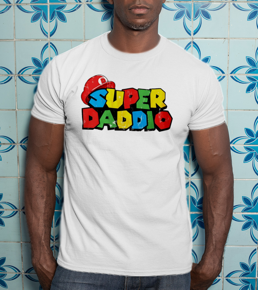 Super Daddio Mario Cartoon Colorful Text With Red Hat T-Shirt