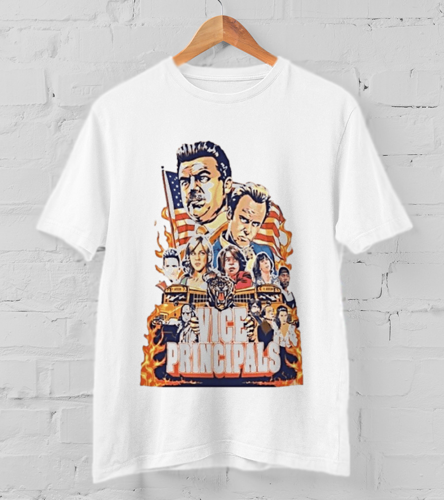 Vice Principals TV Show Cast Collage With School Bus And American Flag T-Shirt