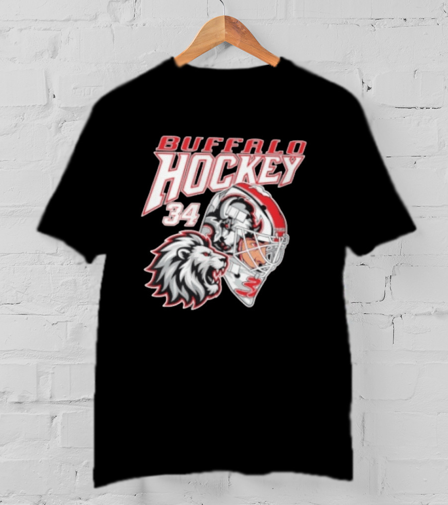 Buffalo Hockey 34 Alex Lyon Lion Graphic With Hockey Helmet T-Shirt