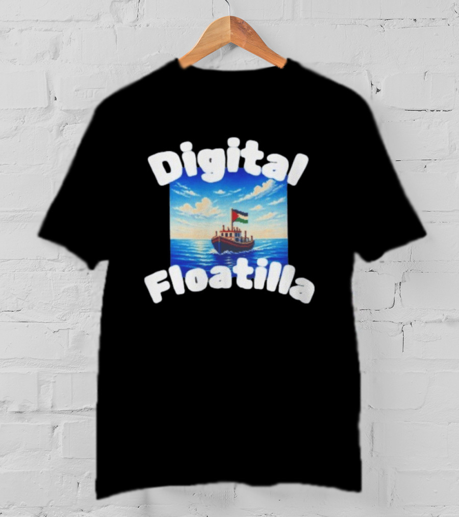 Digital Floatilla Boat With Flag On Ocean Waves T-Shirt