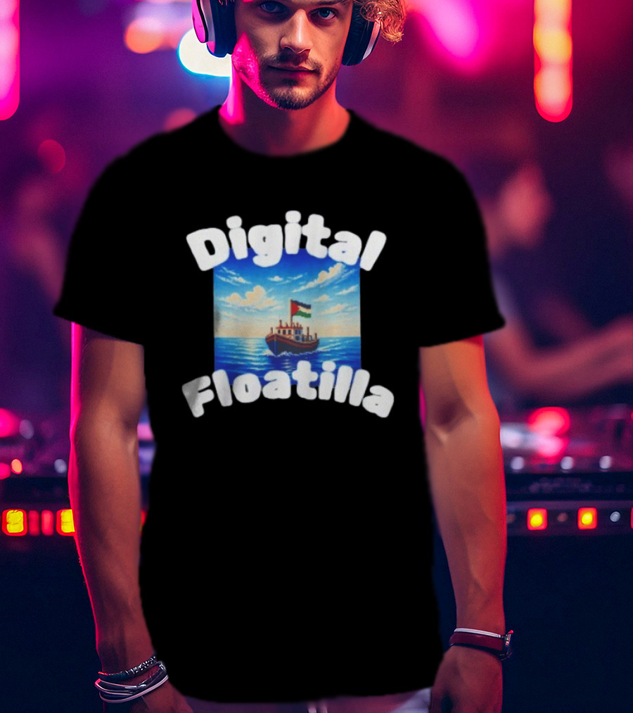 Digital Floatilla Boat With Flag On Ocean Waves T-Shirt