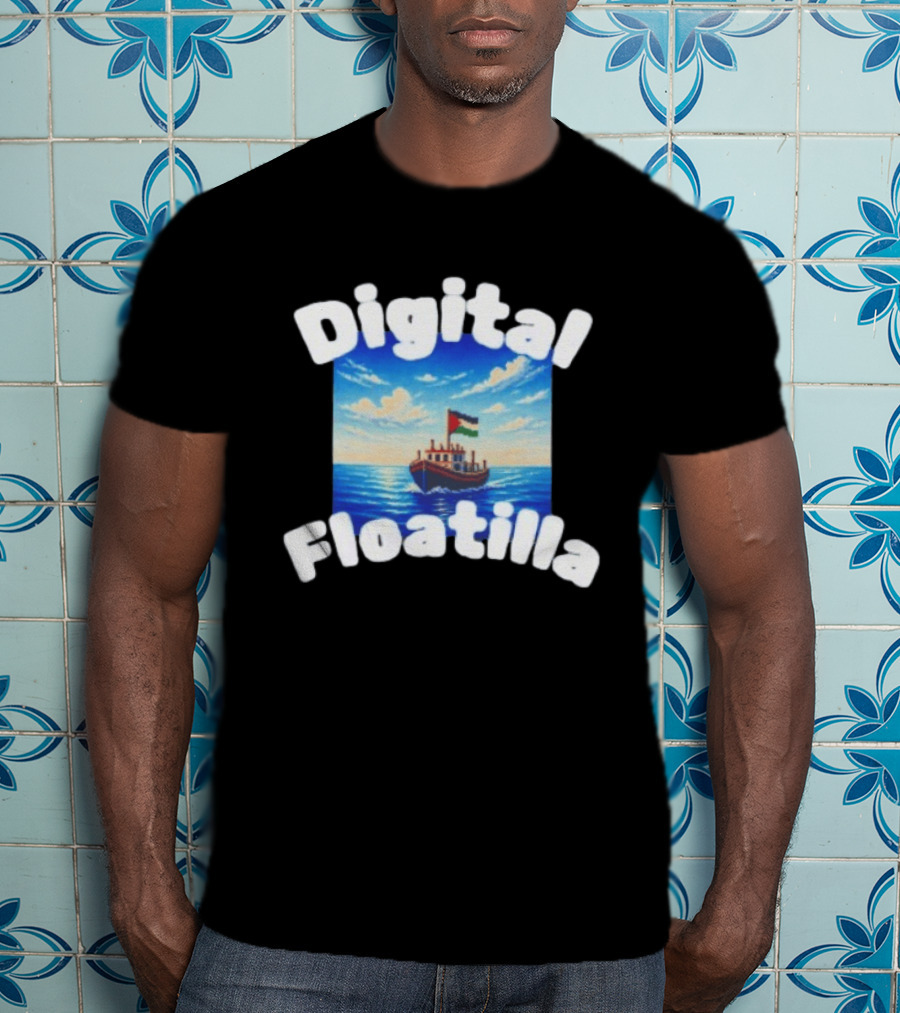 Digital Floatilla Boat With Flag On Ocean Waves T-Shirt
