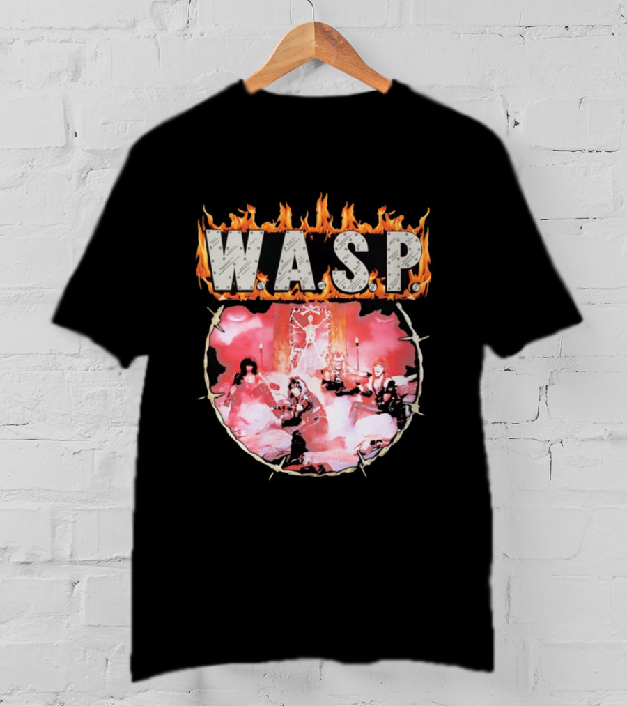 W.A.S.P. Band Fire With Group Photo And Flaming T-Shirt