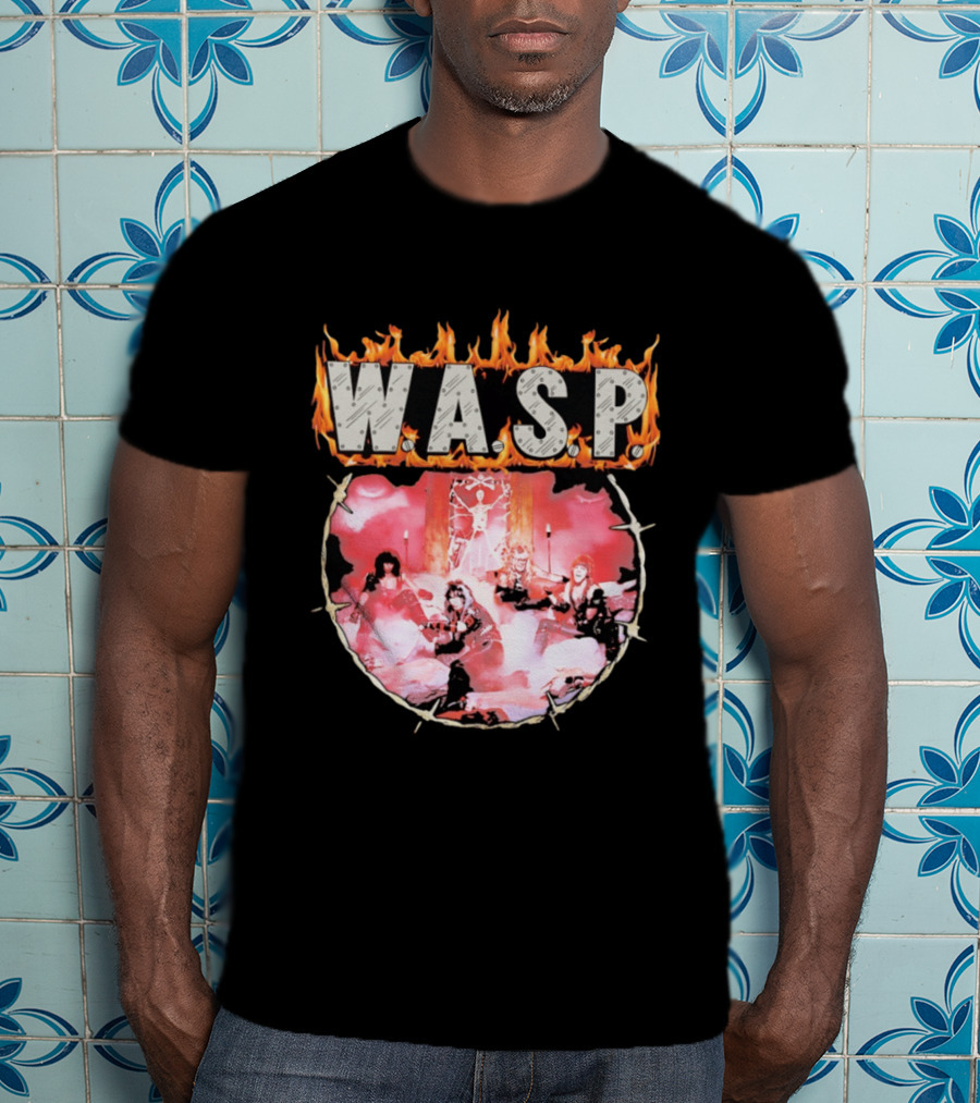 W.A.S.P. Band Fire With Group Photo And Flaming T-Shirt