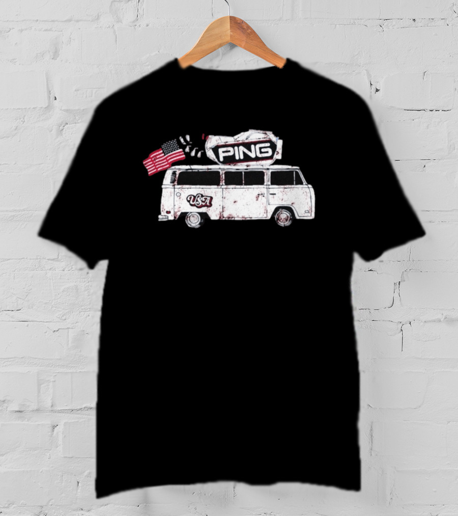 Ping USA Vintage Bus With American Flag And Surfboard T-Shirt