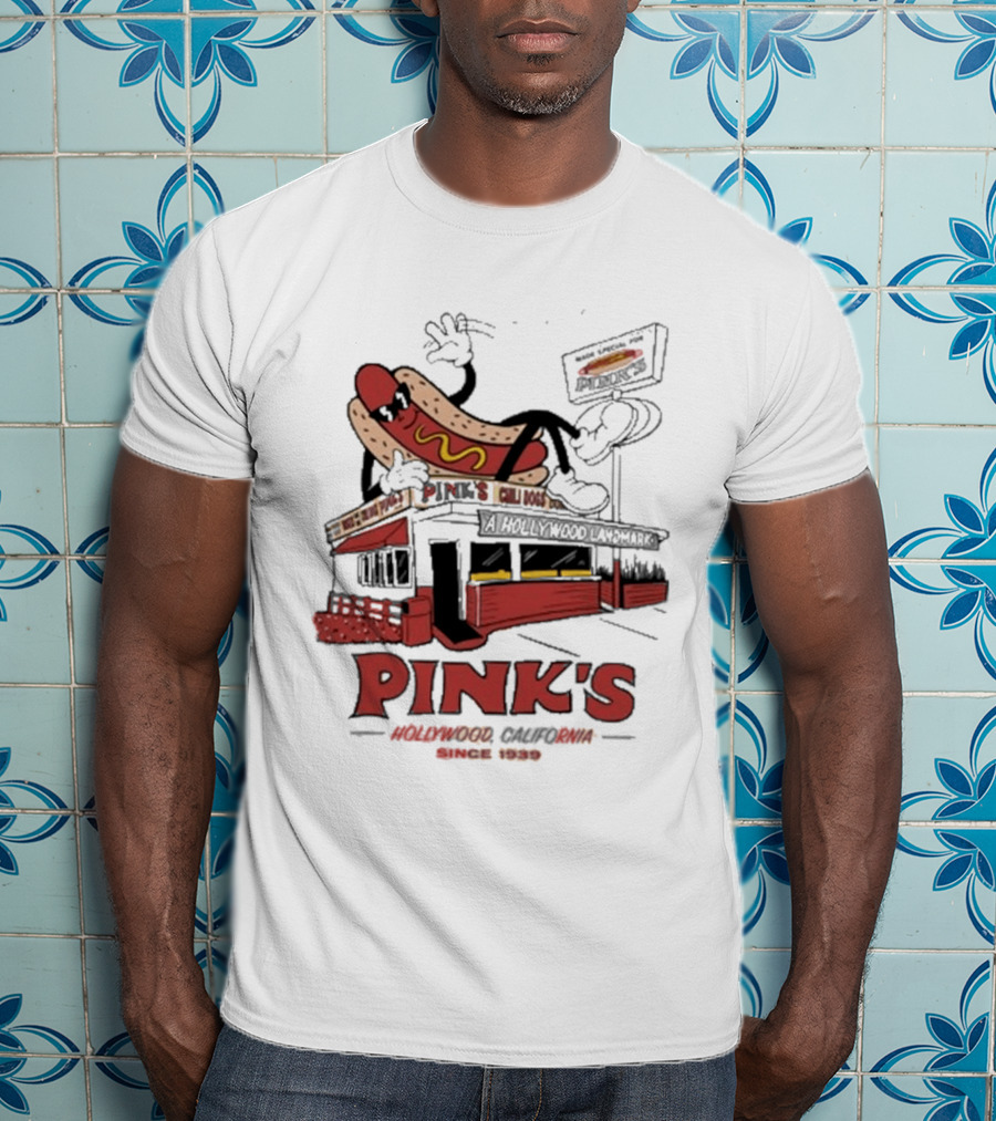 Pink's Hollywood Hot Dogs Established 1939 Iconic Street Scene T-Shirt