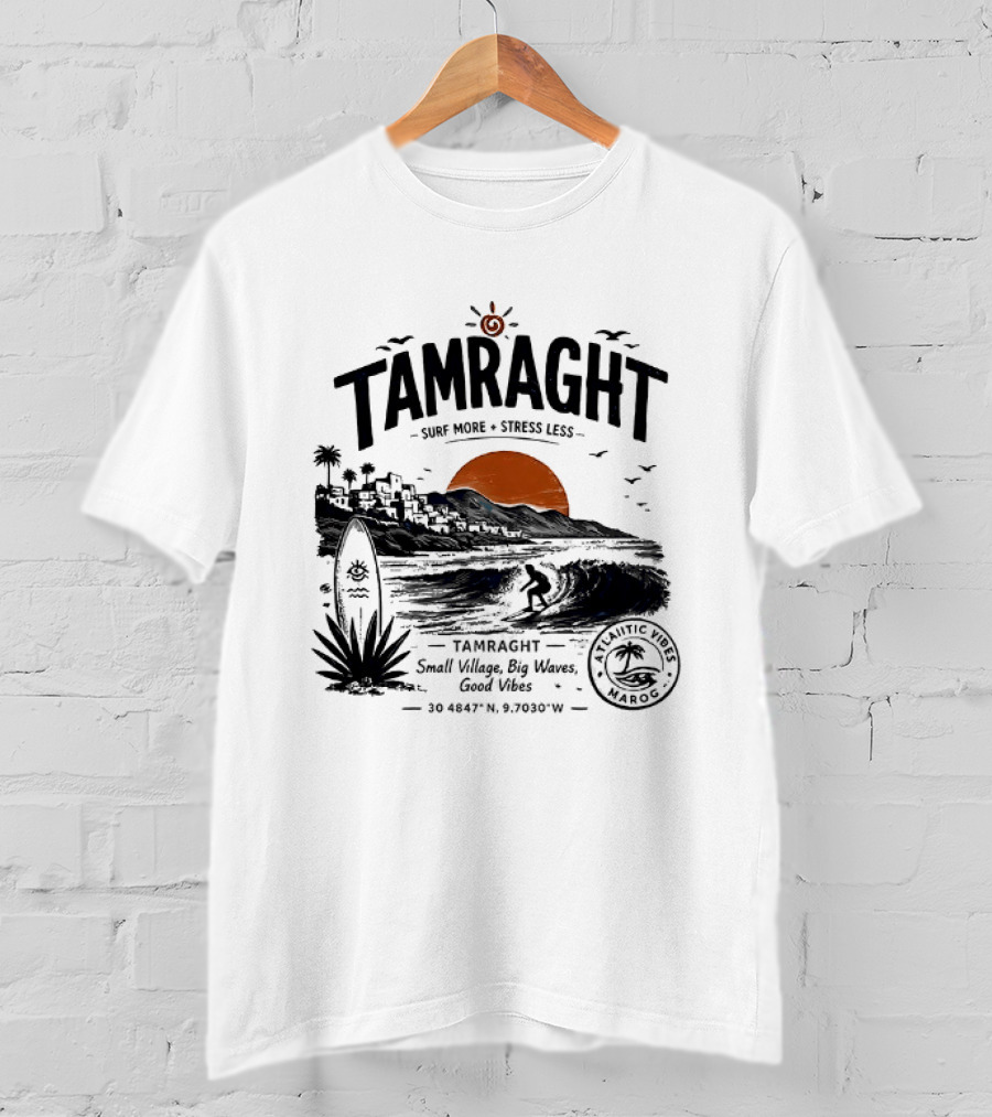 Tamraght Surf More Stress Less 2026 Sunset Palm Trees Good Vibes Agadir Coordinates T-Shirt