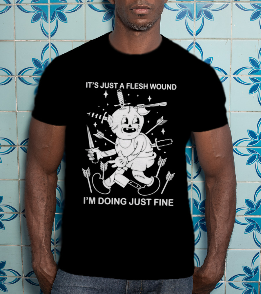 I'm Doing Just Fine It's Just A Flesh Wound Cartoon Character With Arrows And Knives T-Shirt