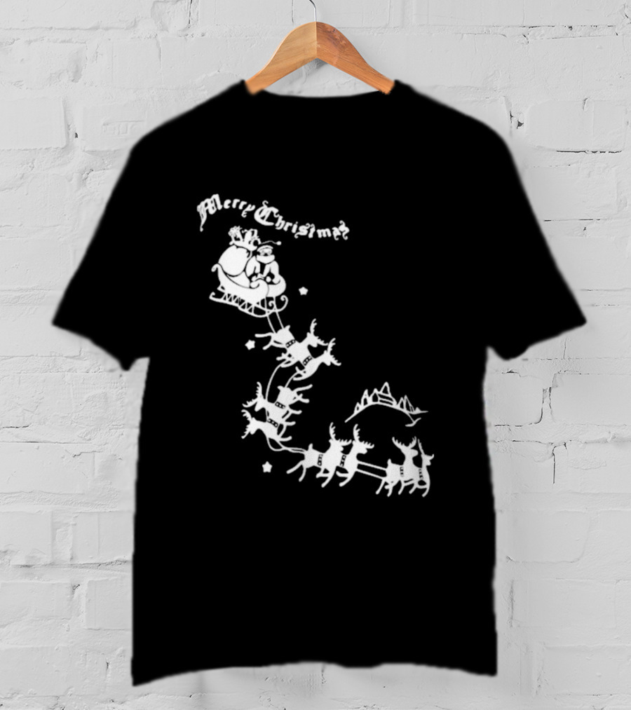 Merry Christmas Santa Sleigh Reindeer In Night Sky With Mountains Isla Gordon T-Shirt
