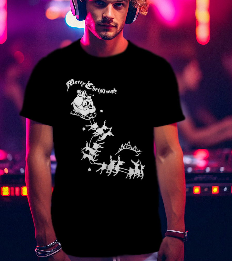 Merry Christmas Santa Sleigh Reindeer In Night Sky With Mountains Isla Gordon T-Shirt