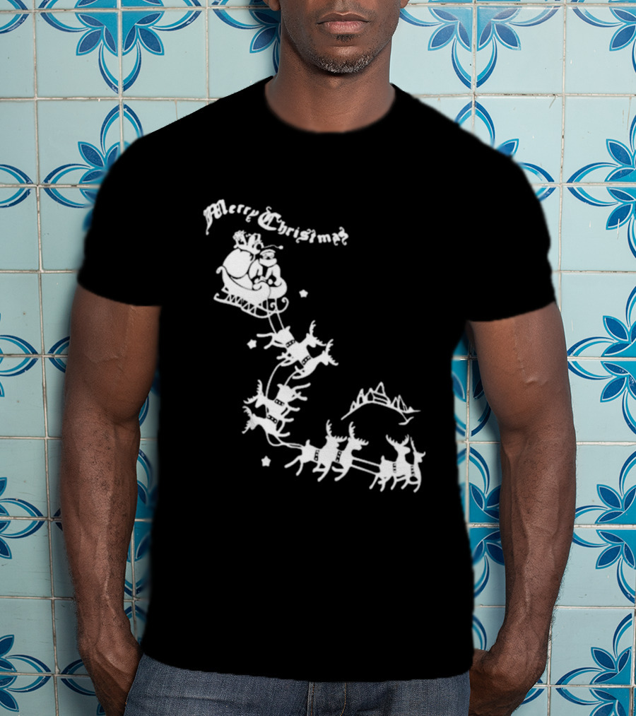 Merry Christmas Santa Sleigh Reindeer In Night Sky With Mountains Isla Gordon T-Shirt
