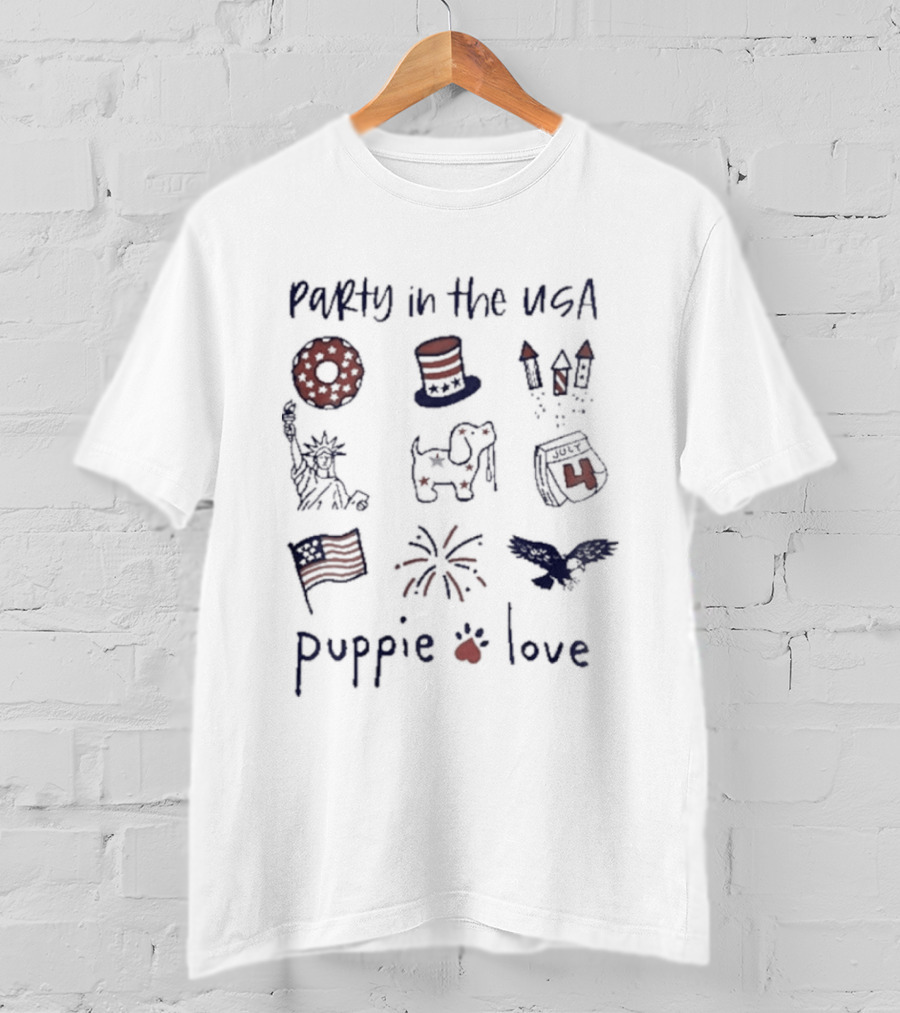 Party In The USA Puppie Love Patriotic Symbols Fireworks Hat Flag T-Shirt
