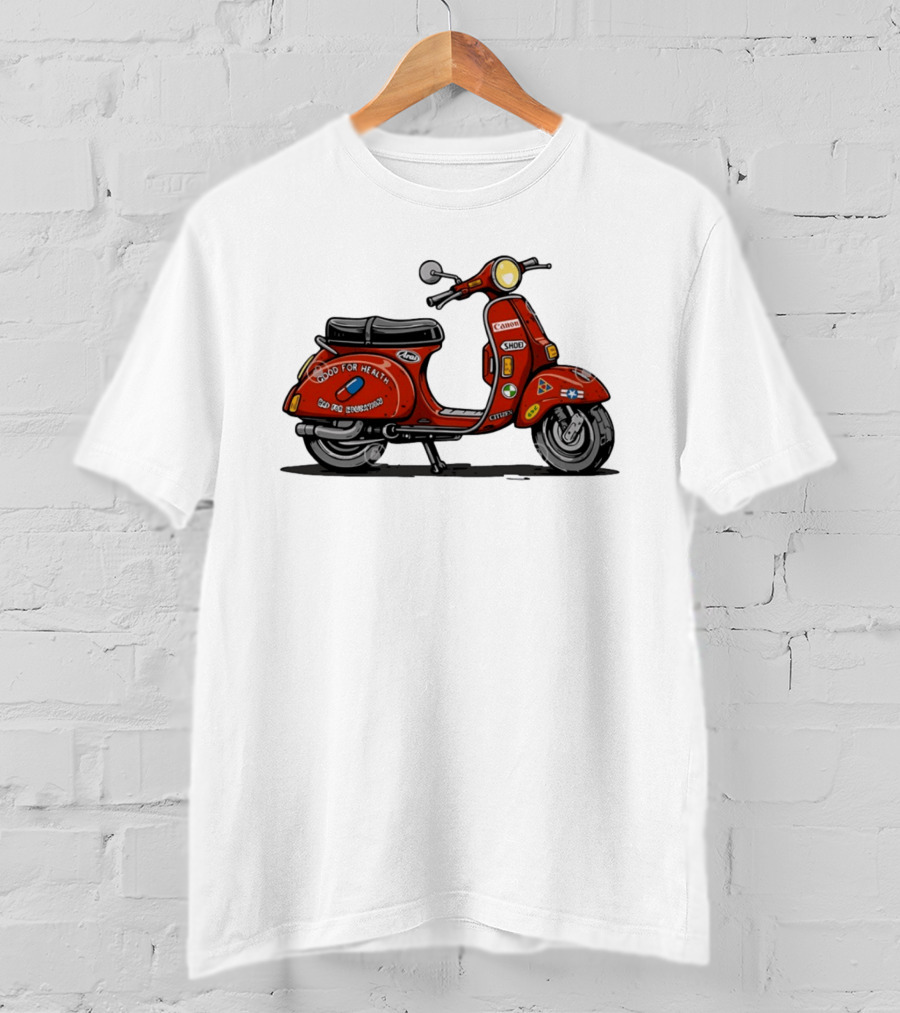 Kaneda's Vespa With Good For Health Sticker Citizen And Canon Shoei Arai Logos T-Shirt