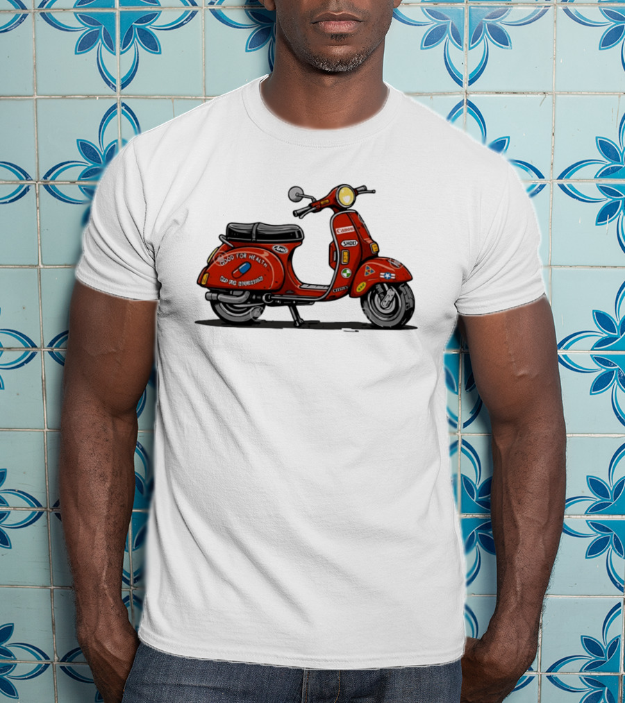 Kaneda's Vespa With Good For Health Sticker Citizen And Canon Shoei Arai Logos T-Shirt