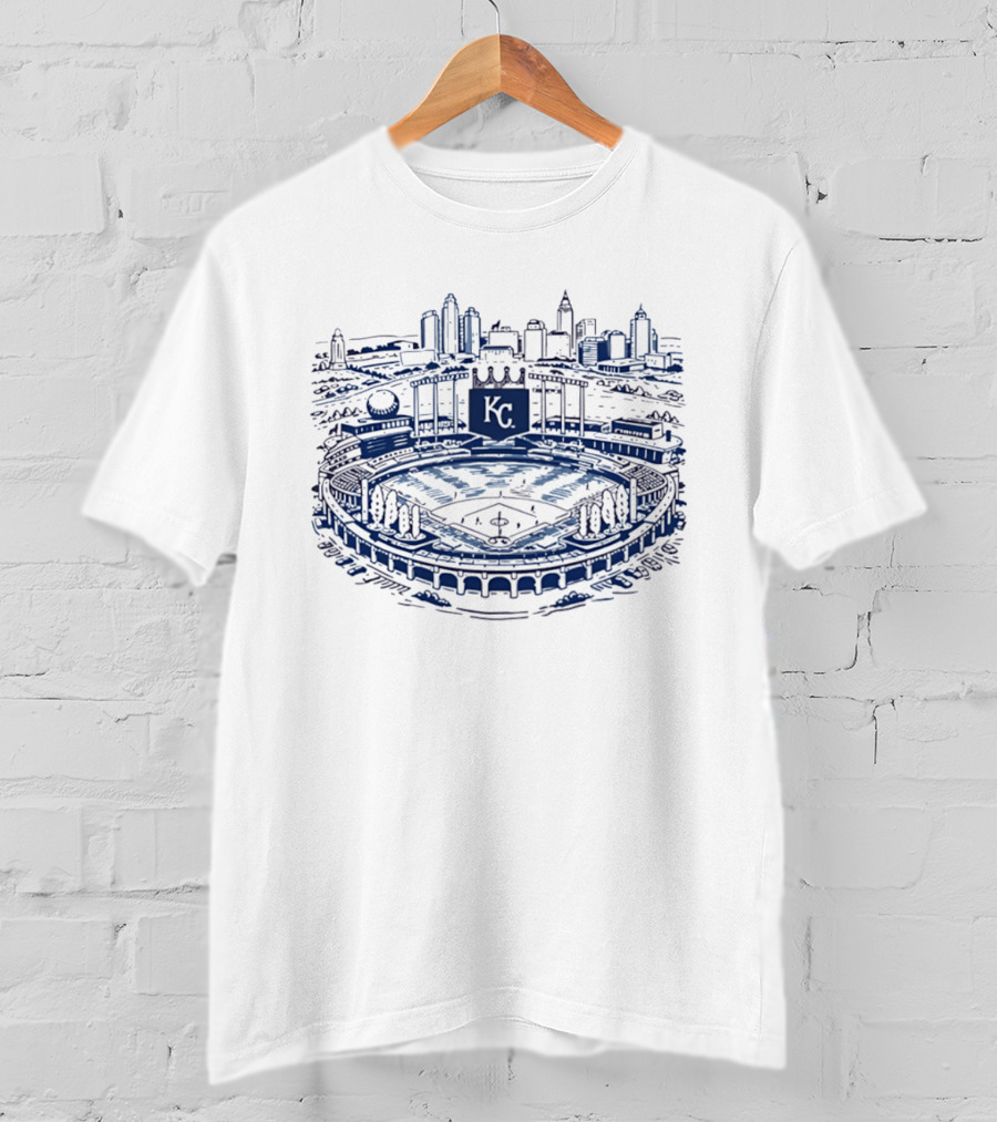 Kansas City Royals Kauffman Stadium Skyline Art Baseball Scene T-Shirt