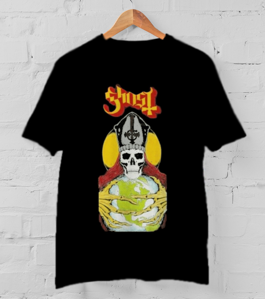 Ghost Skeleton Bishop Holding Earth Iconic Twisted Thread Ceremony T-Shirt
