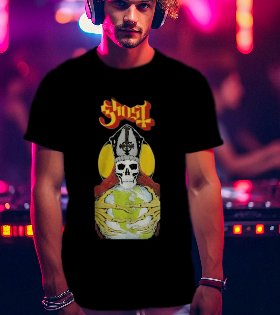 Ghost Skeleton Bishop Holding Earth Iconic Twisted Thread Ceremony T-Shirt