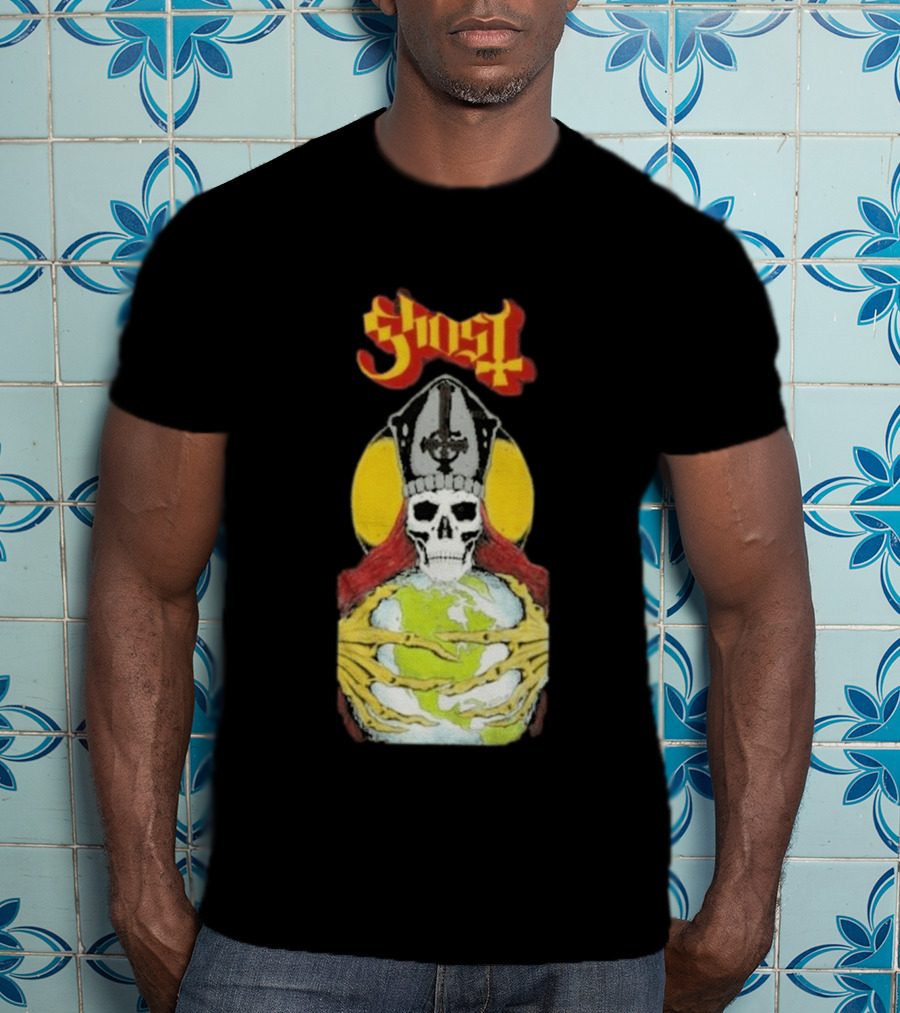 Ghost Skeleton Bishop Holding Earth Iconic Twisted Thread Ceremony T-Shirt