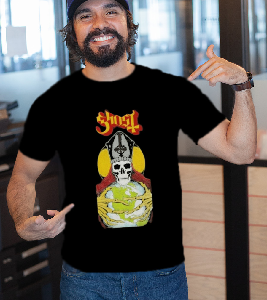 Ghost Skeleton Bishop Holding Earth Iconic Twisted Thread Ceremony T-Shirt