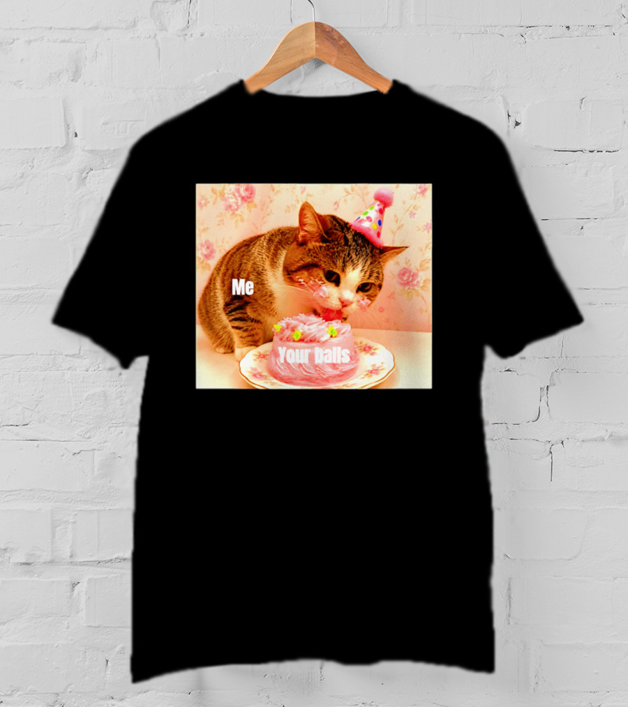 Me Your Balls Cat Eating Cake Party Hat T-Shirt